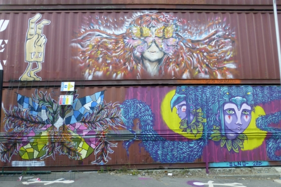 Shipping container mural in POP Brixton in London