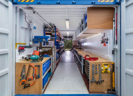 A shipping container woodworking space