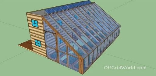 Solar-powered shipping container cabin concept with added greenhouse