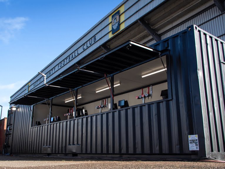 An exterior shot of the Kop container bar at Notts County Football Club.