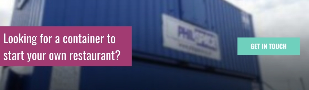 Looking for a container to start your own restaurant: Promotional banner showing a blue shipping container with on-screen text asking about using a container to start a restaurant and a call-to-action button.