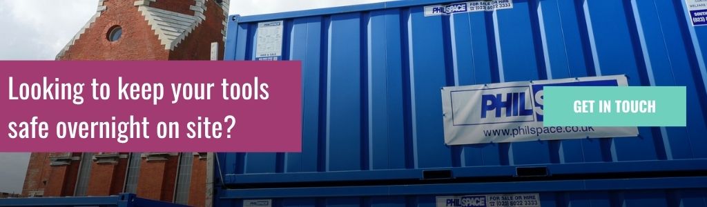 Looking to keep your tools safe overnight on site: A banner advertisement showing blue Phil Space storage containers on a construction site, with a magenta text box reading "Looking to keep your tools safe overnight on site?" and a green "Get In Touch" button.