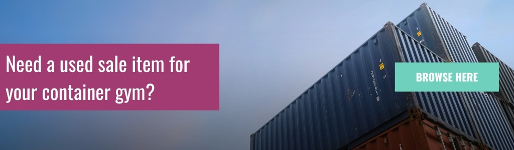 Need a used sale item for your container gym: A banner advertisement with the text "Need a used sale item for your container gym?" on a purple background on the left, a "Browse Here" button in teal in the centre, and a photo of stacked shipping containers on the right.