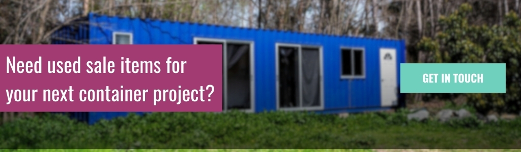 Need used sale items for your next container project cta: Banner image showing a blue converted shipping container in an outdoor setting with overlaid text promoting used container sale items and a “Get in touch” call-to-action button.