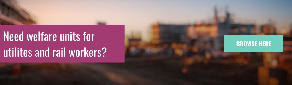 Need welfare units for utilities and rail workers: A banner advertisement on a blurred construction site background with a purple panel reading "Need welfare units for utilities and rail workers?" and a teal "Browse Here" call-to-action button.