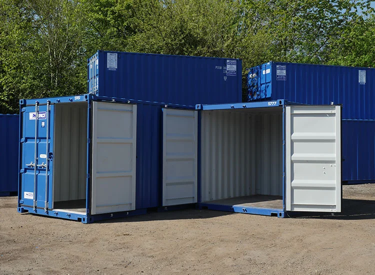 Two shipping containers with doors open - shipping containers can be used in a variety of ways