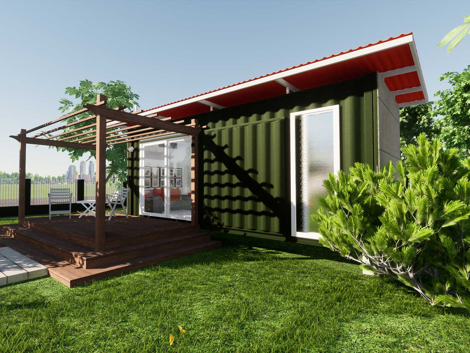 An illustration of a modern one-room structure in a garden built from a shipping container