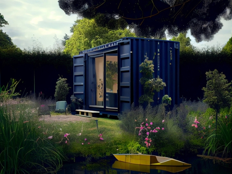 A sustainable blue shipping container home in an idyllic, countryside scene
