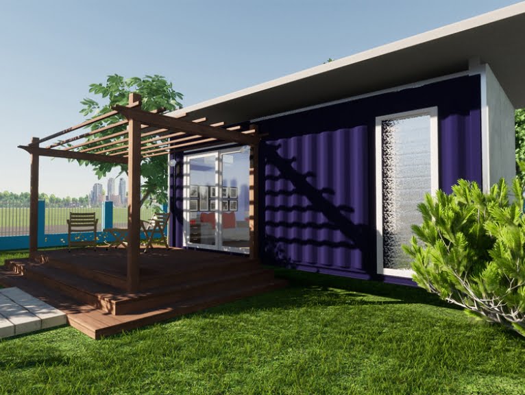 a home, in tropical surroundings, made from a shipping container