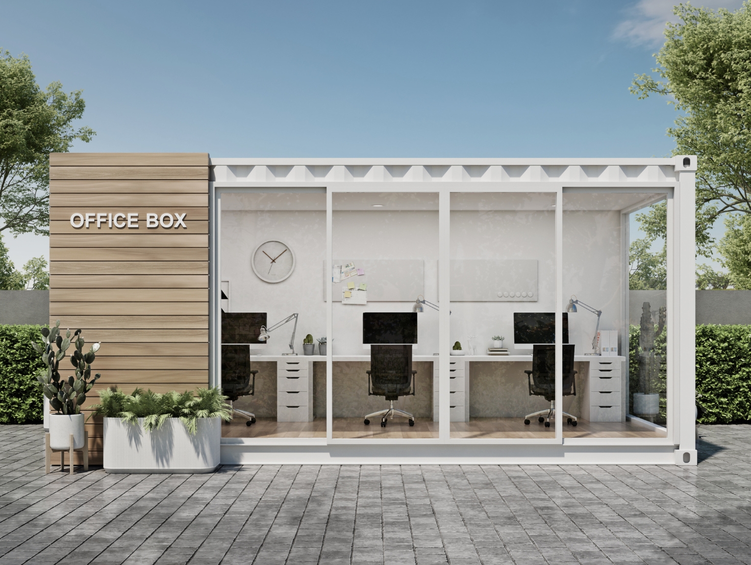 modular container solutions: Interior view of a modern container office with glass walls, desks, computers, and seating in a landscaped outdoor setting.