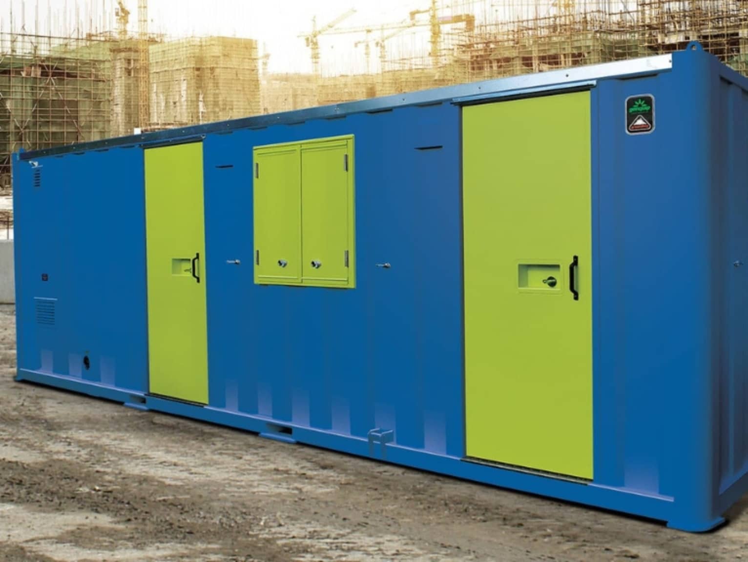 Blue and green Philspace eco welfare unit on construction site