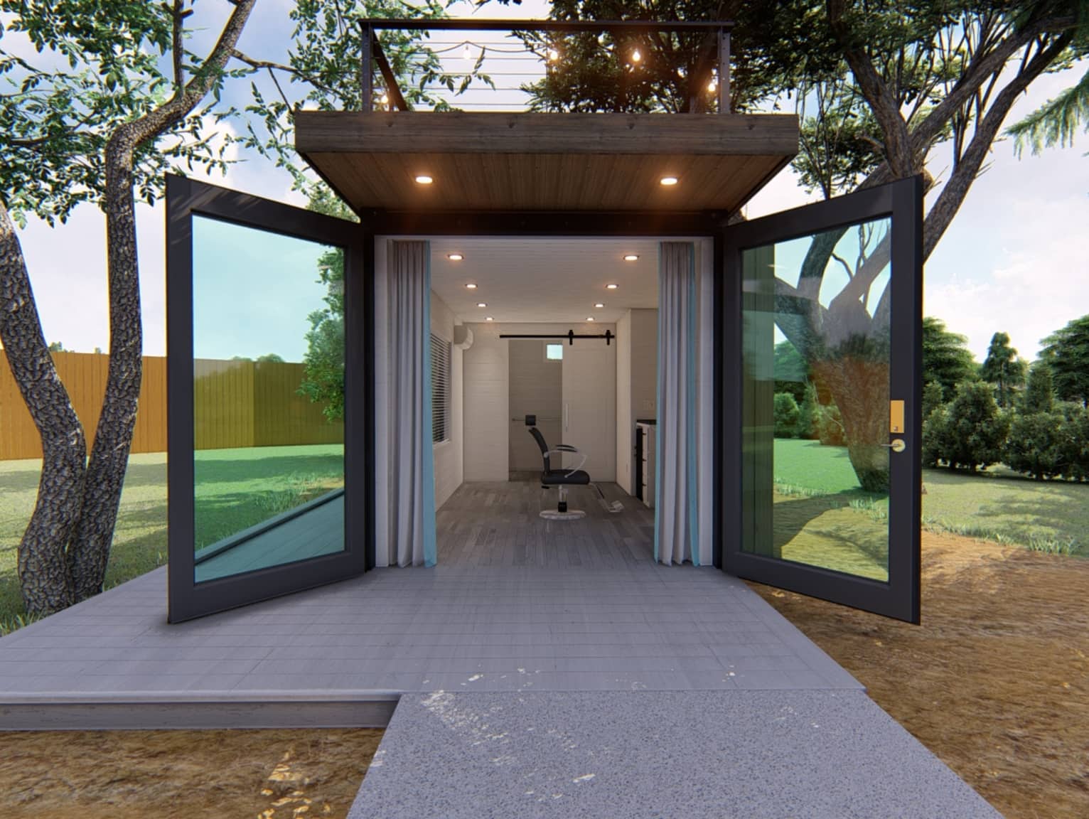Modern garden studio built from a shipping container with open glass doors and rooftop terrace