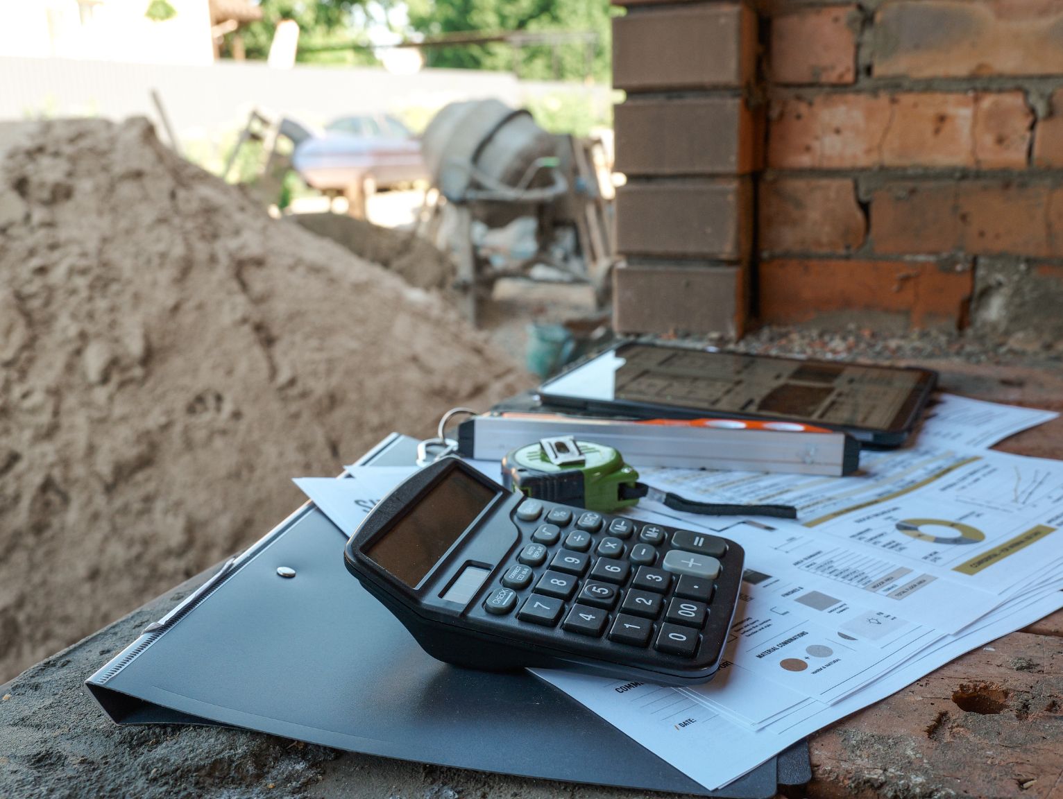 hire vs buy site accommodation 2027: A black calculator, tape measure, spirit level and tablet resting on a folder and printed cost reports on a brick wall at a building site, with a sand pile and cement mixer in the background.