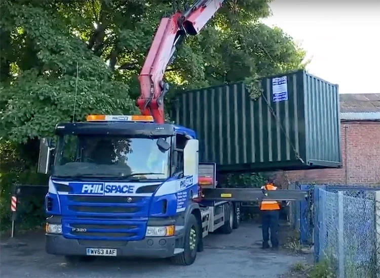 Philspace truck delivering a temporary storage container for Meon Valley Food Bank