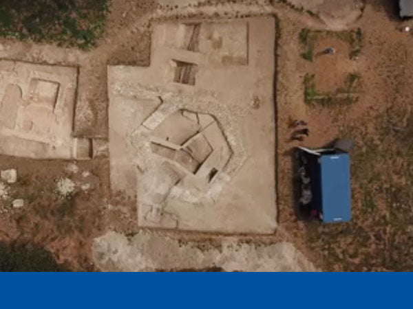 Aerial view of the archaeological site in Meonstoke, with Philspace welfare unit visible