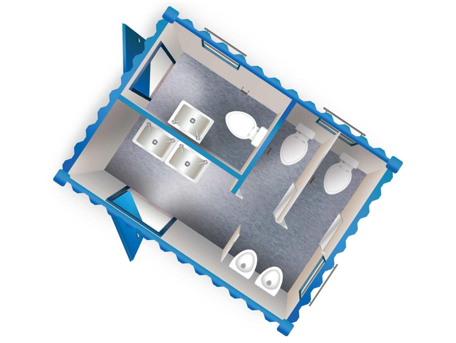 Welfare provision for occupied building refurbishments: A 3D cutaway illustration of a portable sanitary unit with a blue exterior, showing an internal layout featuring three wash basins, four toilet cubicles, and a urinal trough.