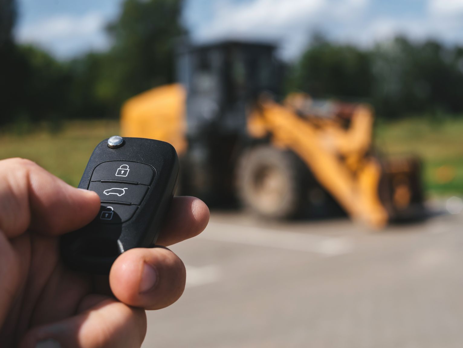 welfare unit hire costs Hampshire: A close-up of a hand holding a black vehicle key fob, with a blurred yellow wheel loader parked on a site in the background.