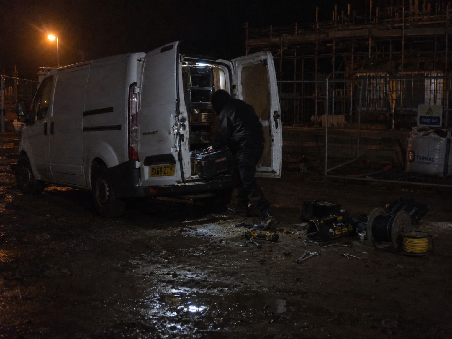 why-construction-site-theft-rises-in-winter: a man with his back to the camera stealing tools from a white van on a nighttime construction site, the doors of which have been forced open.